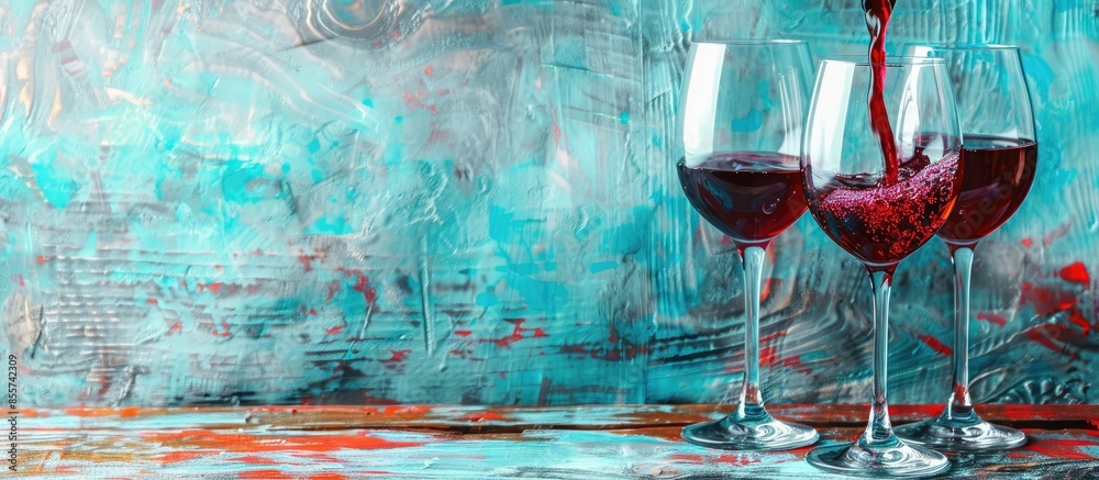 Poster pouring red wine into glasses on old wood pastel background. with copy space image. place for adding