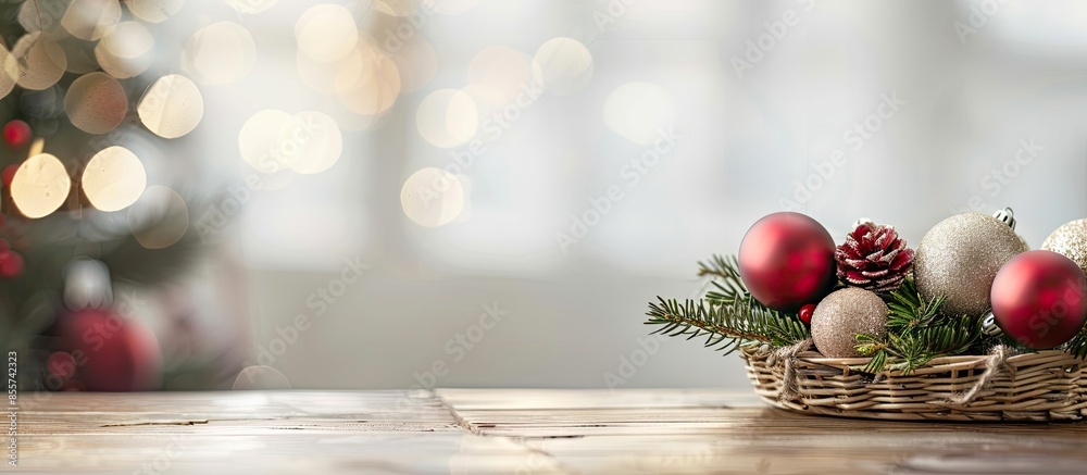 Leinwandbilder desk of free space and x mas balls in basket. with copy space image. place for adding text or design