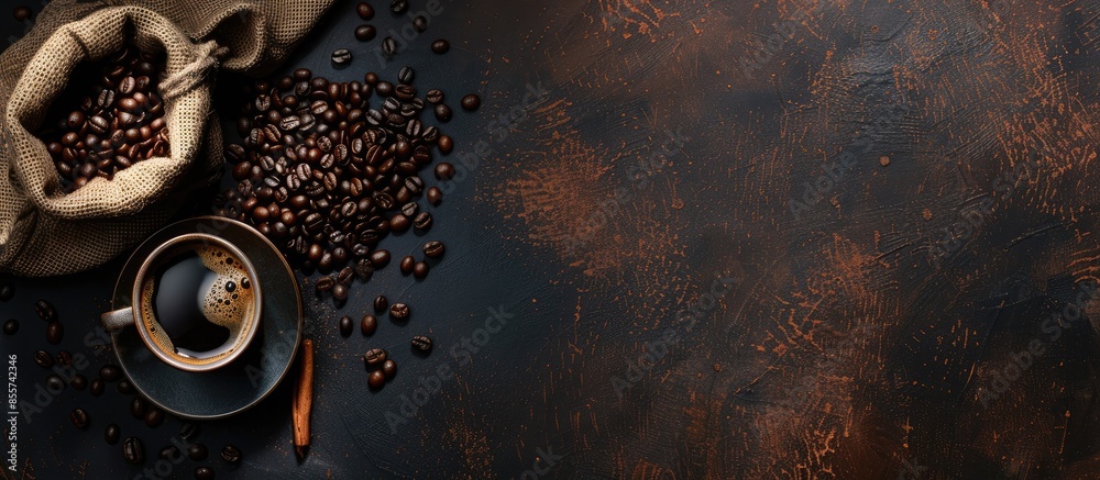 Poster cup of coffee and coffee beans in a sack on dark background, top view. copy space image. place for a