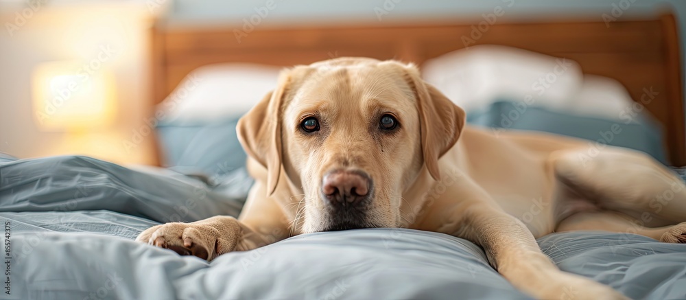 Poster Portrait of yellow lab on bed. with copy space image. Place for adding text or design