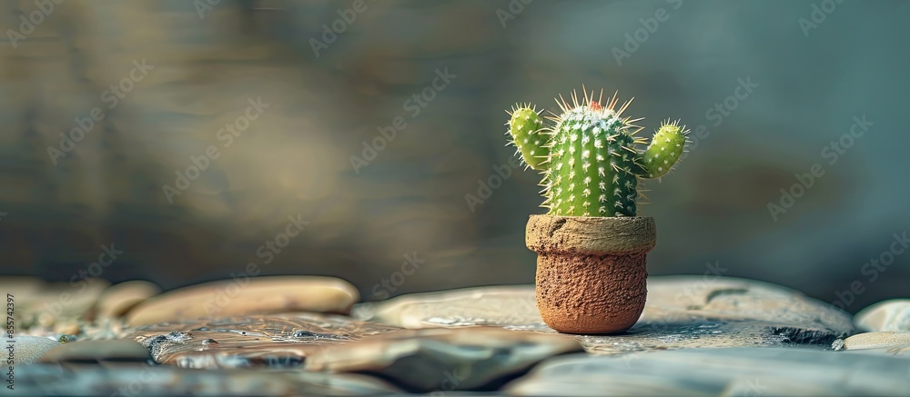 Aufkleber a small cactus in a brown pot looks like a person with raised arms. with copy space image. place for
