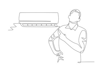 The man who turned on the AC. World ozone day concept one-line drawing