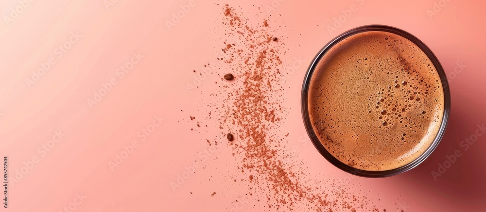 Poster Instant coffee isolated on a background. Top view. pastel background. with copy space image. Place for adding text or design