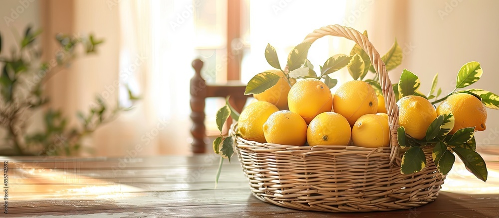 Poster basket with lemons in a bright interior on the background of the dining room. with copy space image.