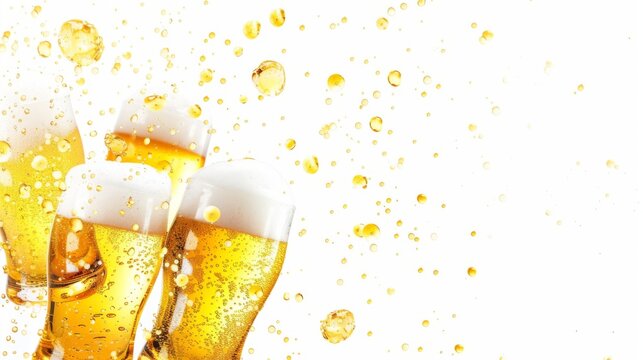 Horizontal banner. International Beer Day. Glasses of cold light beer with foam on a white background. Free space for text, copy space