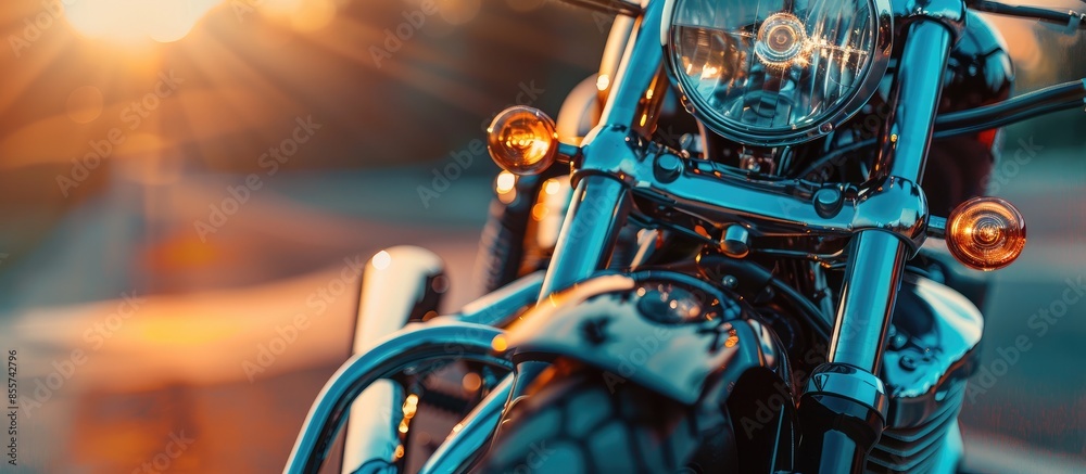 Poster beautiful detail of the motorcycle. mirror pastel background. with copy space image. Place for adding text or design