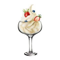 Glass bowl with soft vanilla ice cream with strawberries, blueberries. Hand painting sweet watercolor illustration isolated on background. For designers, menu, shop, decoration, restaurant, for