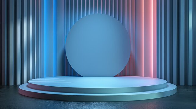 Modern stage with blue and pink neon lights, perfect for events, digital showcases, and creative performances