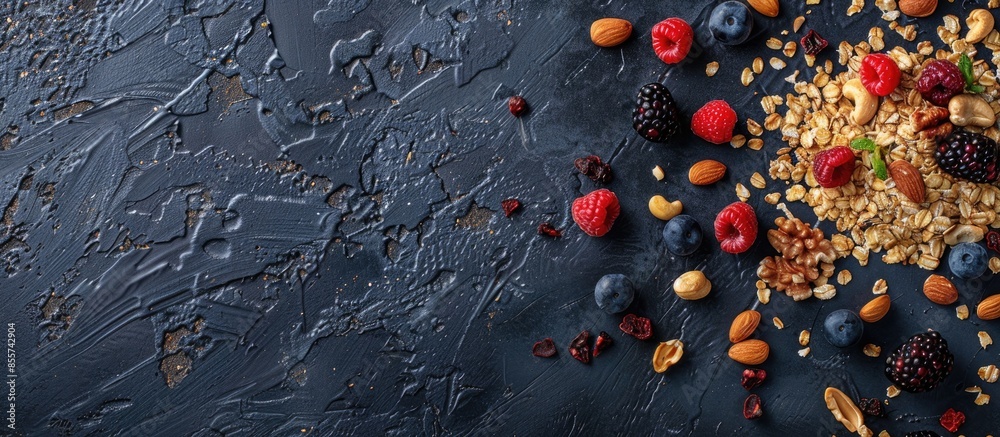 Poster Paleo style breakfast: gluten free and oat free muesli made with nuts, dried berries and fruits, top view. Copy space image. Place for adding text or design
