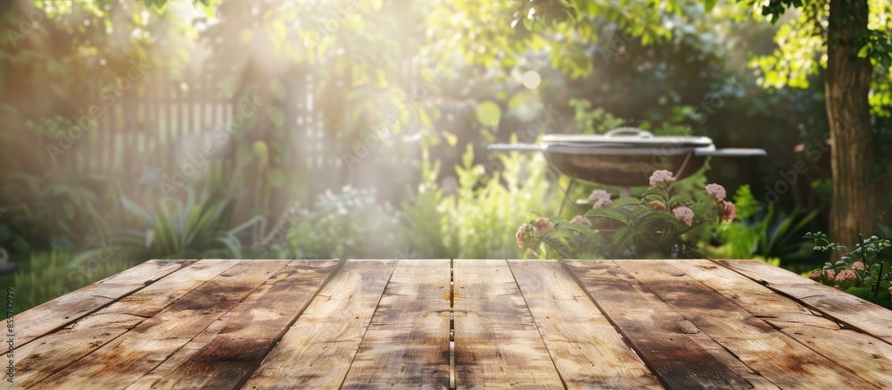 Poster Wooden old table of free space and grill time. with copy space image. Place for adding text or design
