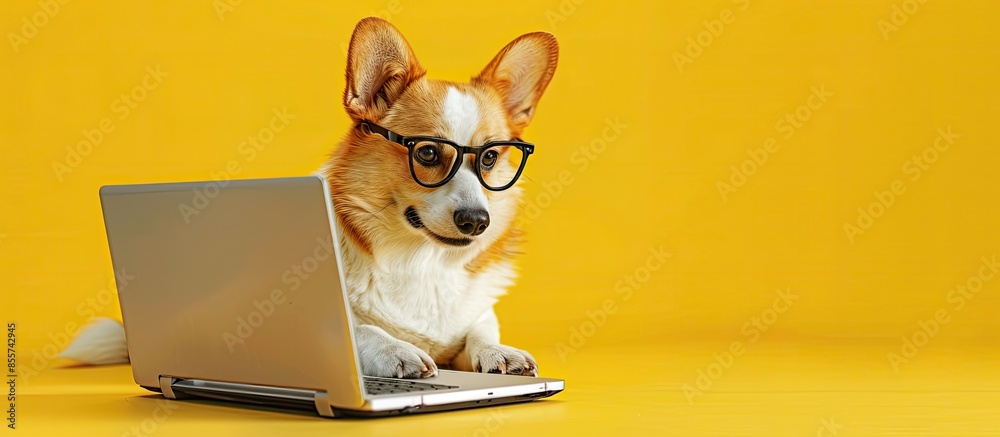 Poster cute corgi dog looking at laptop in glasses on yellow background. copy space image. place for adding