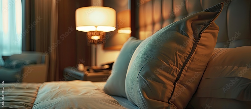Aufkleber Pillow on bed decoration in bedroom interior with light lamp - Filter Processing. with copy space image. Place for adding text or design