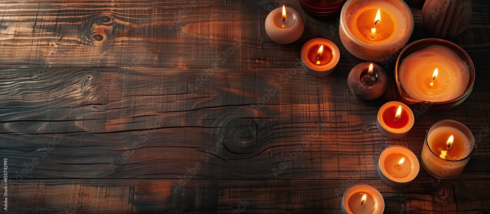 Poster Burning wax candles of different shapes on table. with copy space image. Place for adding text or design