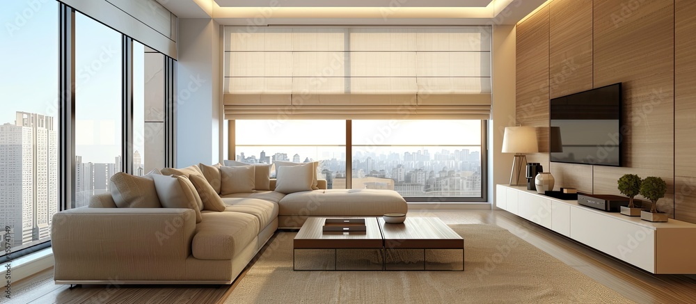 Poster Interior of modern living room with sofa and table near window. with copy space image. Place for adding text or design