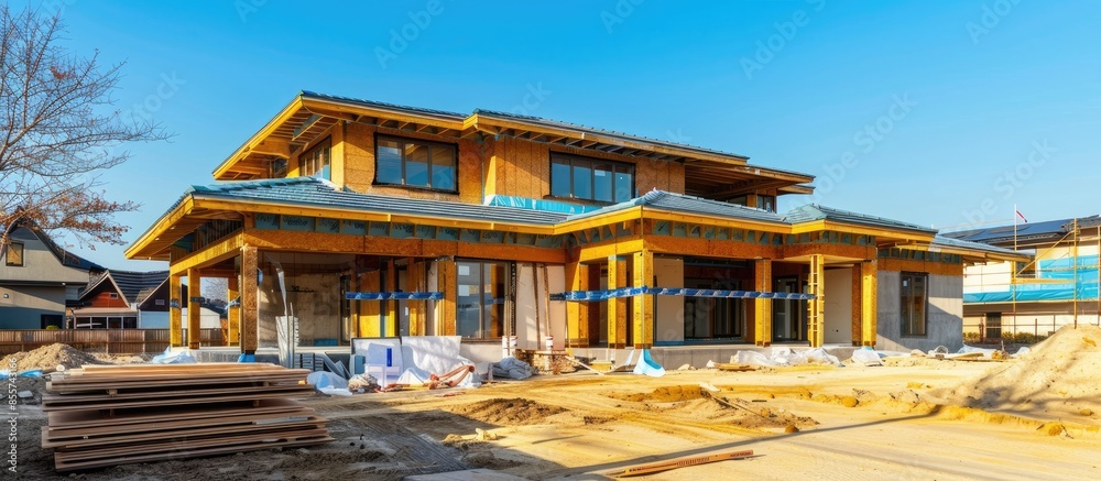 Poster Exterior view of new house under construction and painting.Home renovation and construction concepts. with copy space image. Place for adding text or design