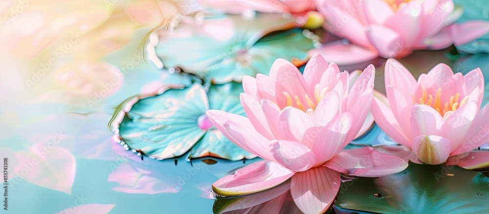Aufkleber white and pink water lilies pastel background flower. with copy space image. place for adding text o