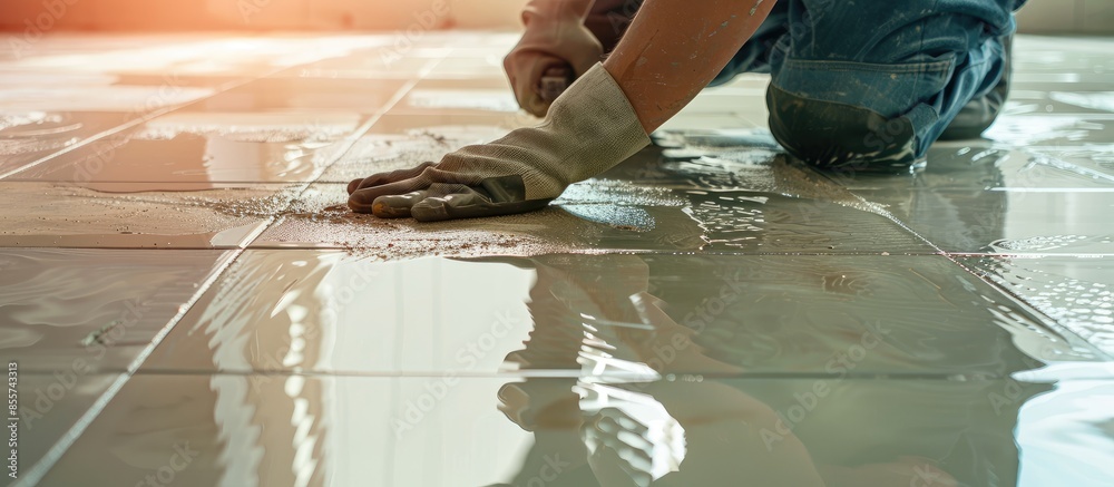 Poster construction worker tiler is tiling, ceramic tile floor adhesive. with copy space image. place for a