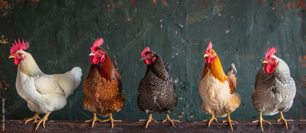 Aufkleber Four different chickens perch in a chicken coop. Disagreement. Copy space image. Place for adding text or design