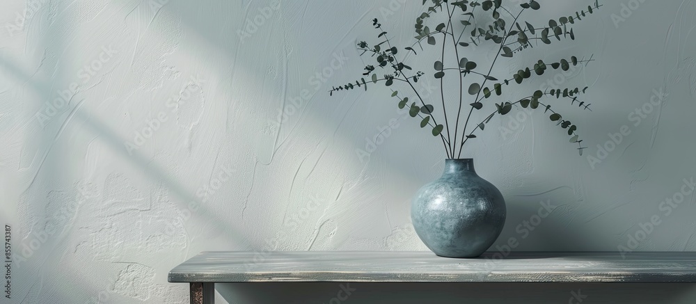 Aufkleber Vase with fresh eucalyptus branches on table in room. Interior design. with copy space image. Place for adding text or design