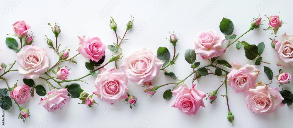 Poster pink roses on white background. with copy space image. Place for adding text or design
