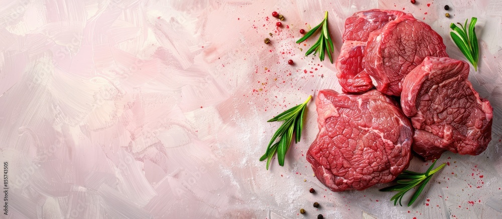Fototapete fresh meat beef tenderloin pastel background texture. with copy space image. place for adding text o