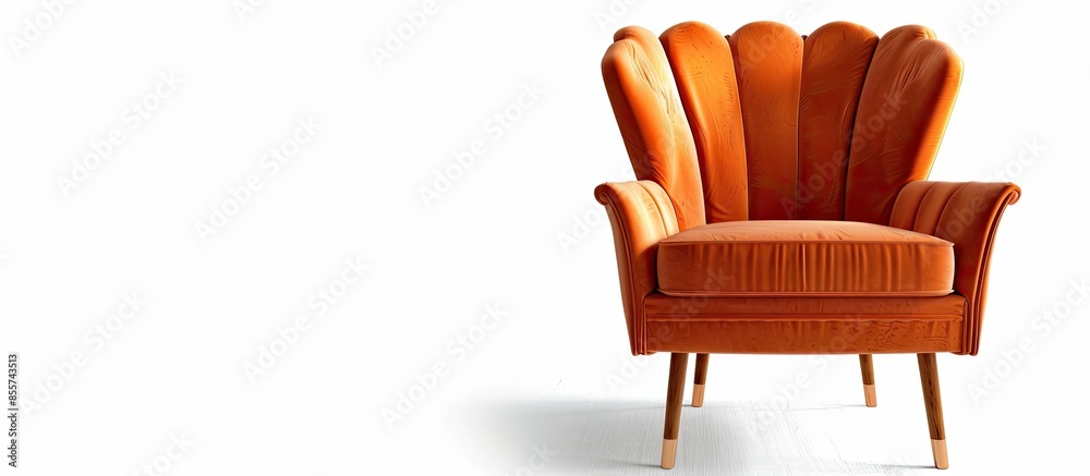 Poster classic armchair art deco style in orange velvet with wooden legs isolated on white background. with