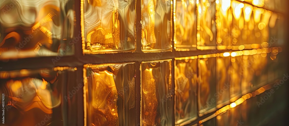 Poster Uneven golden light reflects through glass block wall. with copy space image. Place for adding text or design