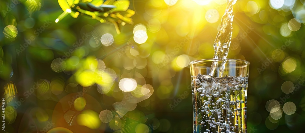 Poster drink water pouring in to glass over sunlight and natural green background. with copy space image. p