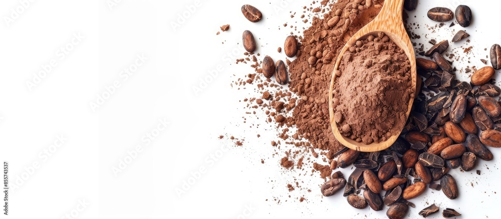 Fototapete Cocoa drink and cocoa powder with cacao beans in wooden spoon isolated on white background. Top view. Flat lay. Copy space image. Place for adding text or design