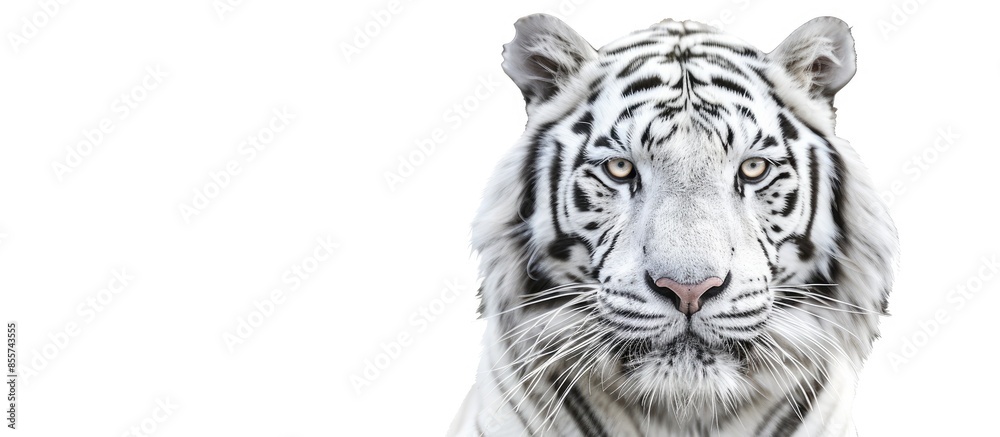 Poster face of a white bengal tiger, isolated on white background. mask of the biggest cat. wild beauty of 