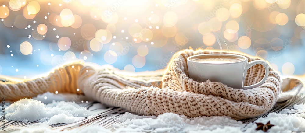 Poster hot coffee on the snow with a woolen scarf on a festive evening . with copy space image. place for a