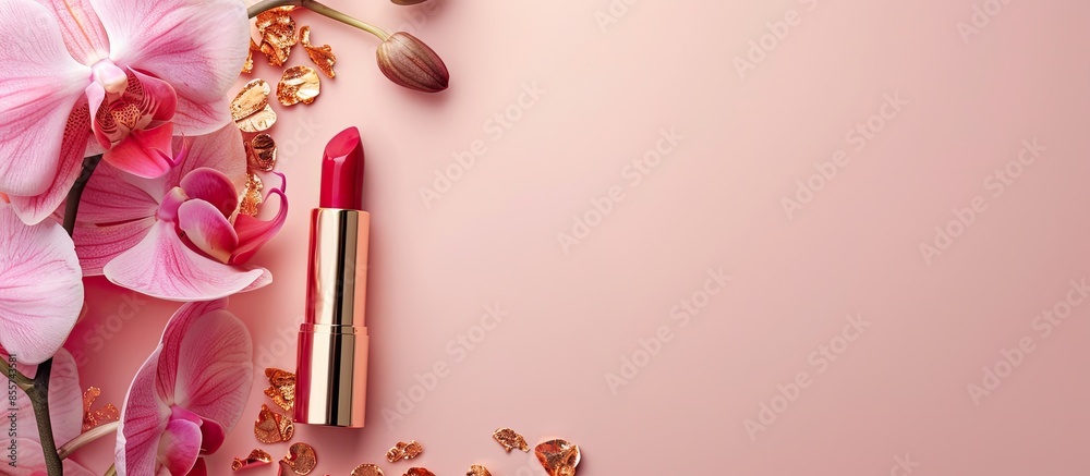 Poster Orchid flower and lipstick pastel background Flower. with copy space image. Place for adding text or design