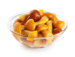 Glass bowl with pickled honey mushrooms  isolated on white background. With clipping path.