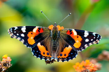 Beautiful black, yellow and orange butterfly rests among the foliage of a garden