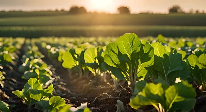 Field of sugar beets ready to be harvested in the sun