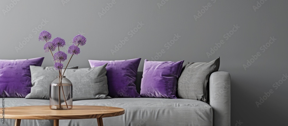 Aufkleber heather on wooden table next to grey settee with purple pillows in grey apartment interior. real pho