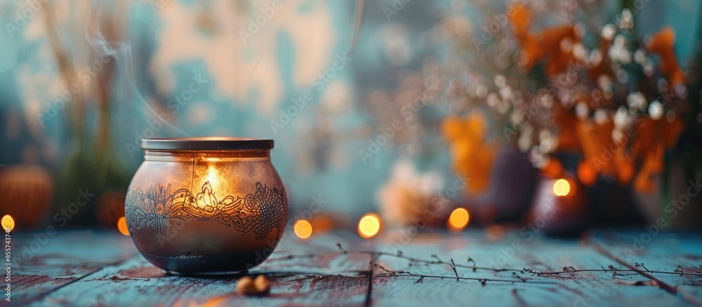Poster home decoration rustic vintage candle, metal and glass on a table . with copy space image. place for