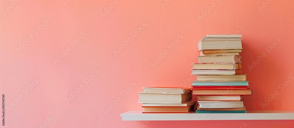 Poster books stack on hanging shelf. coral peach wall background. aesthetic minimal interior design. readin