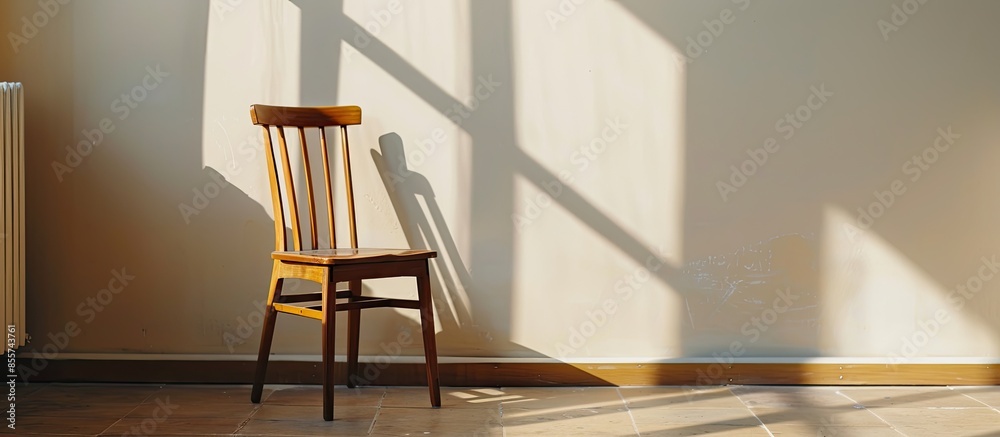 Poster One isolated wooden chair in an empty living room. with copy space image. Place for adding text or design