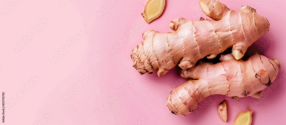 Leinwandbilder fresh ginger on pastel background food isolated pastel. with copy space image. place for adding text