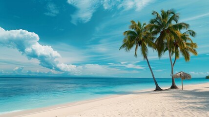 Obraz premium Tropical beach with palm trees and white sand under a blue sky.