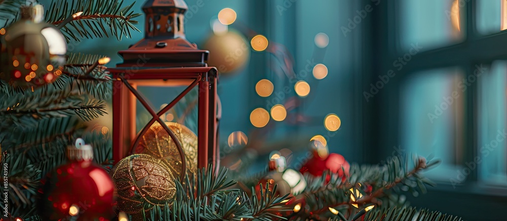 Poster CloseupV red festive lantern and golden xmasV balls with fir branches. with copy space image. Place for adding text or design