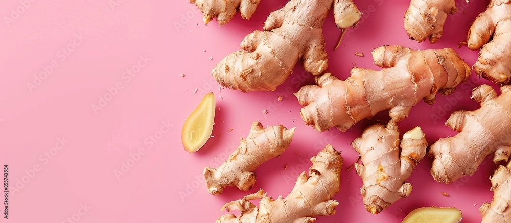Leinwandbilder fresh ginger on pastel background Food  Isolated  pastel. with copy space image. Place for adding text or design