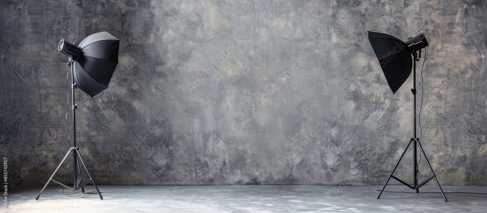 Poster photo studio with lighting equipment on grey wall background. copy space image. place for adding tex