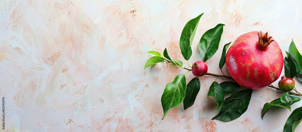 Leinwandbilder pomegranate branch with green leaves and bud on pastel background. with copy space image. place for 