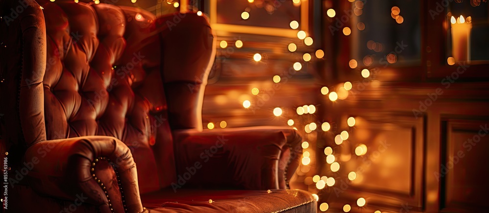 Poster sparkling gold christmas garland with lights on the arm chair. with copy space image. Place for adding text or design