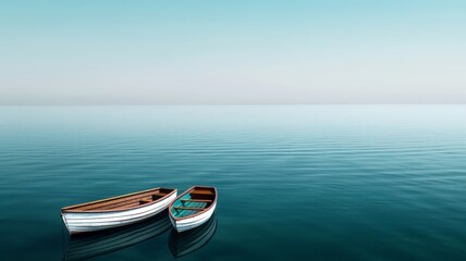 Obraz premium Two small wooden rowboats floating in calm, clear blue water under a serene, cloudless sky. Peaceful and tranquil seascape scene.