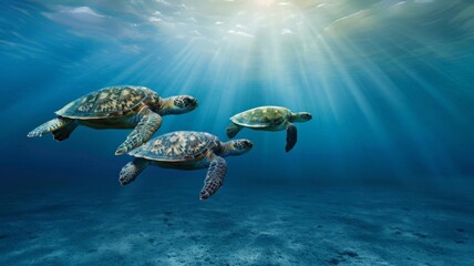Obraz premium Three sea turtles swimming gracefully under the ocean with rays of sunlight breaking through the water's surface, creating a serene scene.