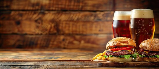 beer and burgers on wooden table. Copy space image. Place for adding text or design