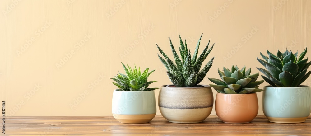 Poster Various plants in different pots on table. Haworthia in a ceramic pot. Concept of indoor garden home. - Image. with copy space image. Place for adding text or design